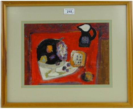 Pair of 20th century oils on paper, abstract still lives, unsigned, largest 11" x 16.5".