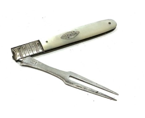 Georgian Sterling Silver &amp; Mother of Pearl folding Fruit Fork Pocket Travelling 