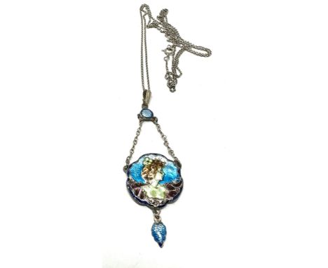 Vintage silver &amp; enamel Art Nouveau style pendant necklace pendant measures approx 6.5cm drop 