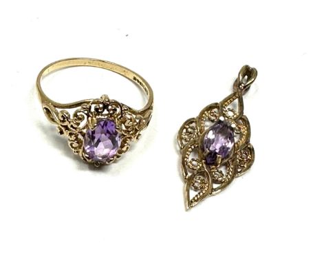 2 x 9ct gold amethyst pendant &amp; ring (2.4g) 