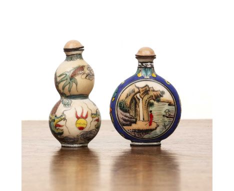 Two enamel snuff bottlesChinese, 1800-1850including a Peking enamel gourd shaped bottle decorated in famille verte style with