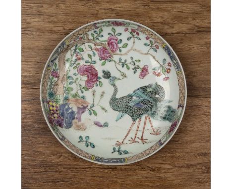 Enamelled porcelain dishChinese, 19th Centurypainted in the famille rose palette with two peacocks, and with a ruby back, 20.