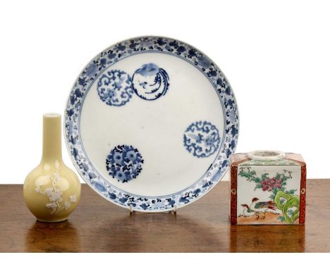 Arita blue and white porcelain plateJapanese and Chinesewith mons-type panels, 22cm diameter, an Arita square vase, 8.4cm hig