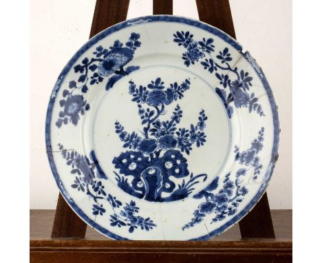 Blue and white porcelain large dishChinese, Kangxi period (1662-1722)painted with rockwork and flowers, and with ding incense