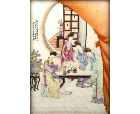 Porcelain painted plaqueChinese, Republic periodpainted with four ladies at a painting table, inscribed and signed with a red