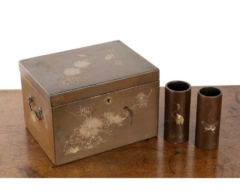 Lacquer tea caddy and two brushpotsChinese, 20th Centurypainted with birds and foliage, and marked Wah Sang tea Merchants 22.