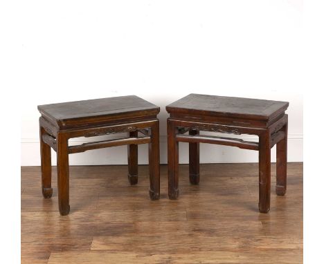 Pair of hardwood rectangular tables Chinesein the Ming style, with carved friezes, 54.5cm wide x 33cm deep x 50cm high (2)  W