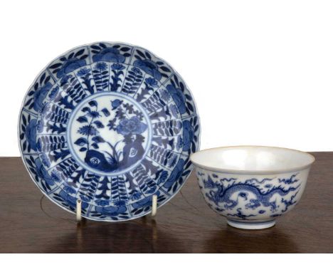 Blue and white porcelain saucer dishChinese, Kangxi period (1644-1722)with panelled flower design and four character Kangxi m