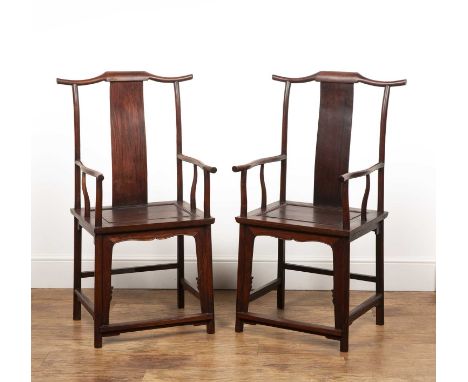 Pair of Ming-style hardwood armchairsChinese, 20th Centuryeach with a solid seat and stretcher supports, 52cm wide x 49cm dee