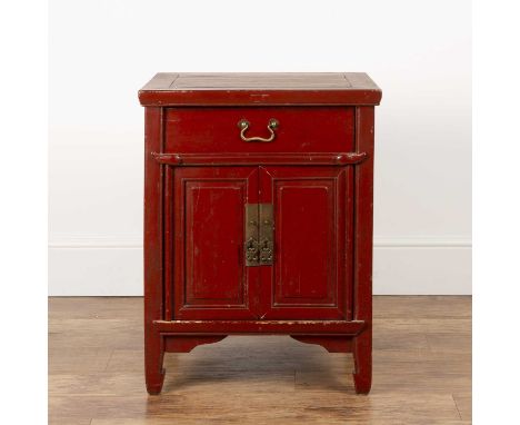 Red lacquer low cupboardChinese, fitted with a drawer and cupboard, 54cm square x 70cm highProvenance: The Olivia Dell collec