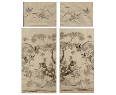 Two pairs of silk embroidered panelsChineseto include bird, flower, and butterfly studies, 2 x 15cm x 19cm and 2 x 18cm x 20c