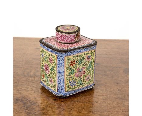 Canton enamel tea caddy and coverChinese, 19th Centurypolychrome, finely decorated with panels of scrolling flowers on yellow
