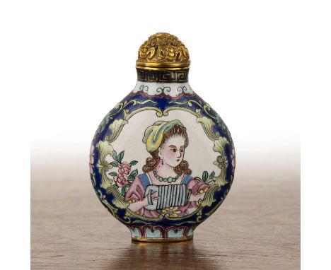 Enamel on copper 'European' decorated snuff bottleChineseof rounded flask form finely painted with two scenes of a European l