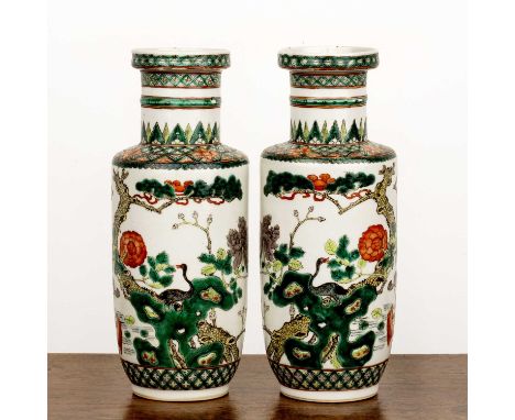 Pair of small famille verte rouleau vasesChinese, late 19th Centuryeach painted in enamels with pine trees, fish, ducks, and 