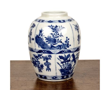 Blue and white porcelain ovoid vaseChinese, 19th Centurypainted in panels with 'antiques', and with a six character Kangxi ma
