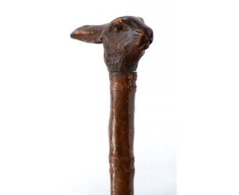 A BAMBOO WALKING STICK WITH CARVED SOFT WOOD HARE'S HEAD HANDLE, GLASS BEAD EYES, BRASS TIP, 96CM H, C1900