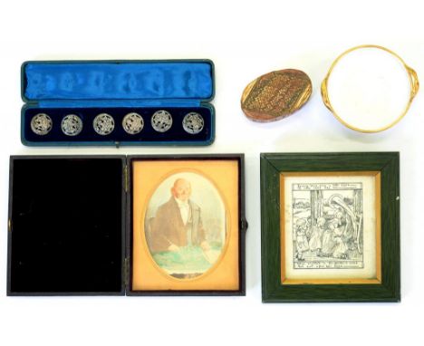 A CASED SET OF SIX EDWARD VII PIERCED AND EMBOSSED SILVER BUTTONS, BIRMINGHAM 1902, A 19TH C OVAL STRAW WORK BOX AND COVER, 7