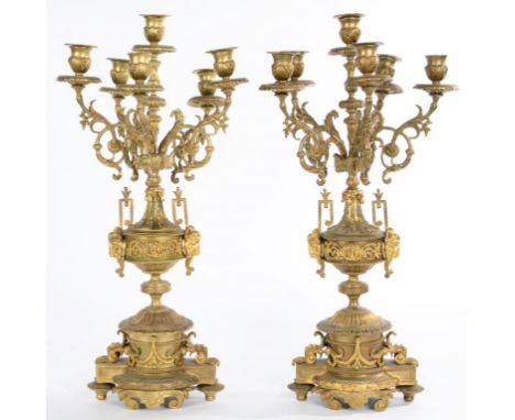 A PAIR OF FRENCH GILT BRASS SIX LIGHT CANDELABRA IN LOUIS XVI STYLE, 59CM H, LATE 19TH C