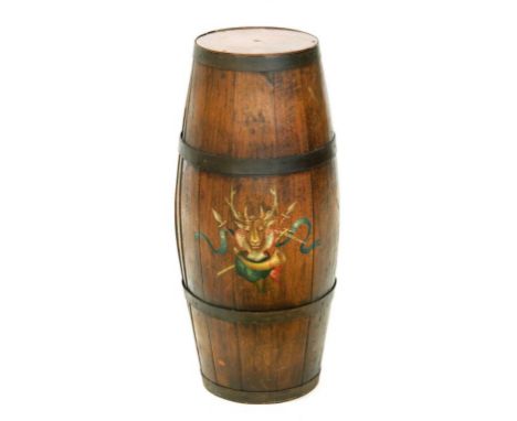 AN IRON BOUND BARREL PAINTED WITH A COAT OF ARMS, 68CM H