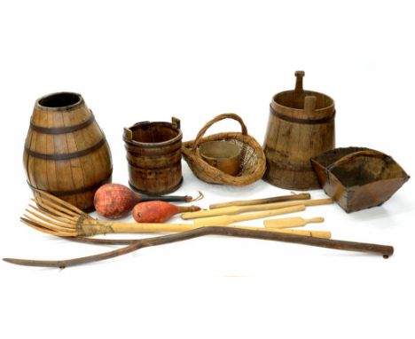 MISCELLANEOUS RURAL BYGONES, INCLUDING IRON BOUND BARRELS, FARMING TOOLS, ETC