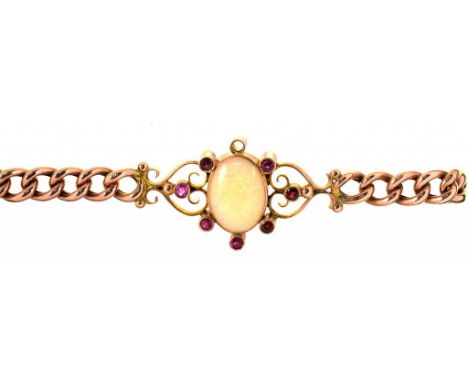 AN OPAL AND RUBY SET BRACELET IN GOLD, MARKED 9CT, 8.6G