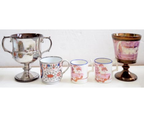 A SILVER LUSTRE COFFEE CAN, 6CM H, A PAIR OF PINK LUSTRE MINIATURE MUGS WITH BLUE ENAMEL RIM, A SILVER LUSTRE LOVING CUP AND 