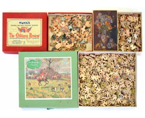 A RAPHAEL TUCK WOODEN MILITARY REVIEW JIGSAW PUZZLE, A VICTORY PLYWOOD JIGSAW PUZZLE, HUNTING SCENE, AND OTHER WOODEN JIGSAW 