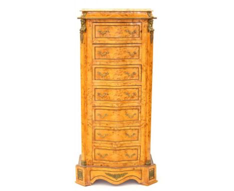 AN EMPIRE STYLE GILTMETAL MOUNTED REPRODUCTION LIGHT BURR WOOD SERPENTINE SEMAINIER, WITH MARBLE SLAB, 145CM H; 66 X 45CM, LA