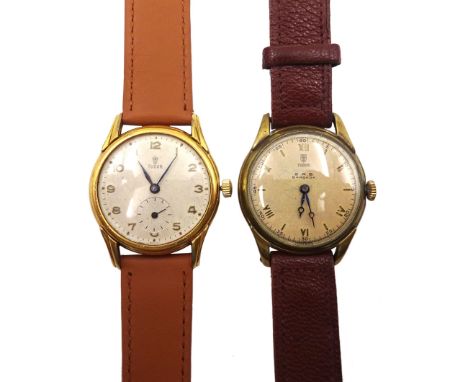 Two metal plated and stainless steel manual wind wristwatches with Tudor dials one with subsidiary seconds dial, the other si