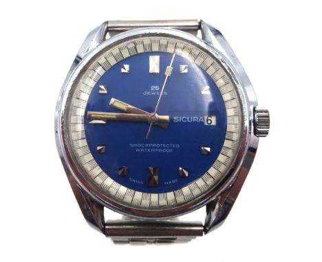 Sicura automatic 25 jewels gentleman's metal plated and stainless steel wristwatch, blue enamel dial with date aperture, on o