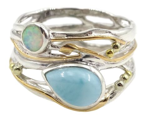 Silver and 14ct gold wire opal and larimar ring, stamped 925 Condition Report:Size R-S, max band depth 14mm, good condition 