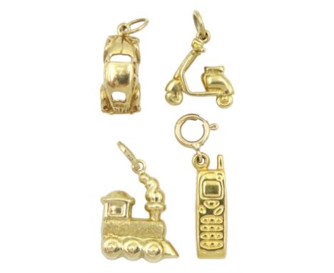 Four gold charms including car, train, scooter and mobile phone, all stamped or hallmarked 9ctCondition Report:Approx 5.9gm, 