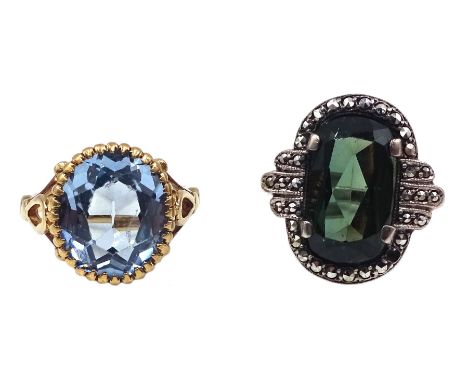 Gold blue paste stone set ring, hallmarked 9ct and a silver Art Deco style green paste stone and marcasite ring, stamped 925C