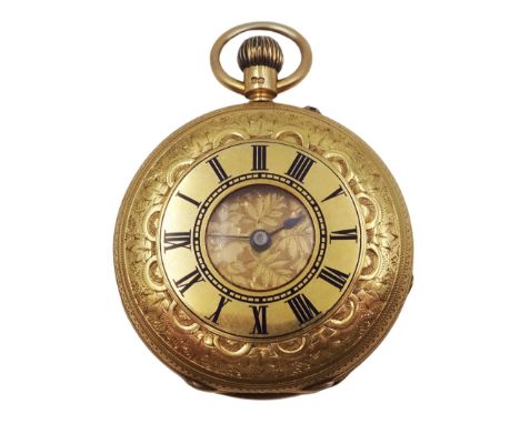 Victorian 18ct gold half hunter ladies keyless pocket watch by G E Searle &amp; Son, Plymouth, No. 45189, gilt dial with Roma