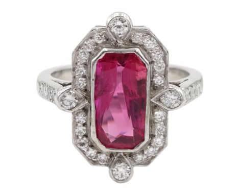 18ct white gold vari-cut rectangular ruby and round brilliant cut diamond cluster ring, with diamond set shoulders, ruby appr