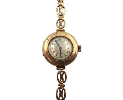 Early 20th century 9ct gold ladies manual wind wristwatch, London import marks 1921, on 9ct gold bracelet hallmarkedCondition