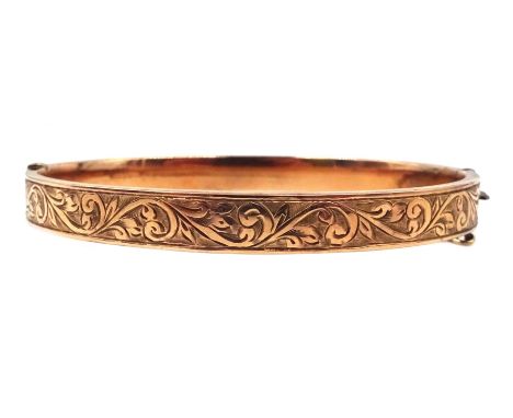 Edwardian 9ct rose gold hinged bangle with bright cut decoration, Birmingham 1908Condition Report:Approx 7.6gm, inner circumf