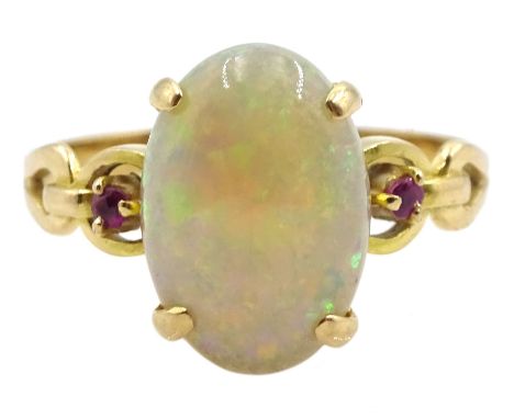 18ct gold three stone oval opal and ruby ringCondition Report:Approx 2.8gm, size M-N, good condition