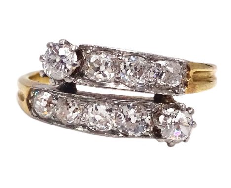 18ct gold nine stone old cut diamond crossover ring, makers mark G &amp; S Co, stamped 18, total diamond weight approx 0.90 c