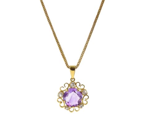 Gold round amethyst and old cut diamond openwork pendant, on gold spiga link necklaceCondition Report:Pendant approx 3.05gm, 