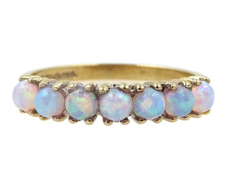 Silver-gilt seven stone opal ring, stamped SilCondition Report:Size Q-R, good condition