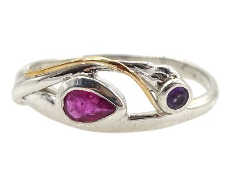 Silver and 14ct gold wire ruby and amethyst ring, stamped 925 Condition Report:Size P-Q, max band depth = 8mm, good condition