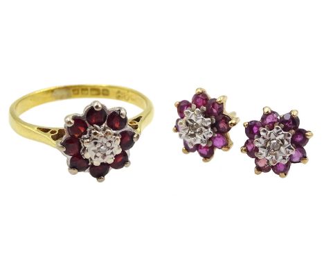 18ct gold garnet and diamond cluster ring, Birmingham 1970 and a similar pair of 9ct gold ruby and diamond cluster stud earri