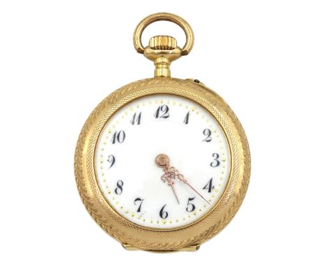 Swiss 14ct gold ladies keyless cylinder pocket watch, white enamel dial with Arabic numerals, back case with engine turned an