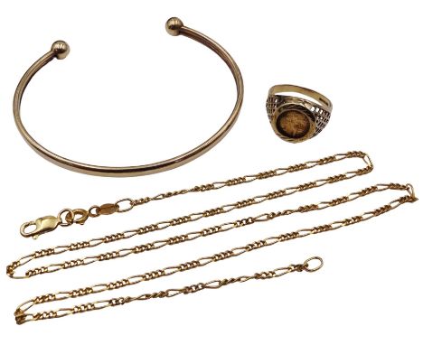 Gold torque bangle, gold Figaro link necklace and a gold coin ring, all 9ct stamped or hallmarkedCondition Report:Approx 9.4g