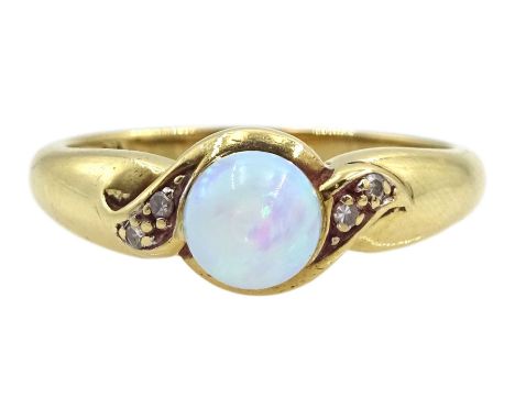 9ct gold single stone round opal and diamond ringCondition Report:Tested as 9ct, approx 2gm, size K-L, good condition