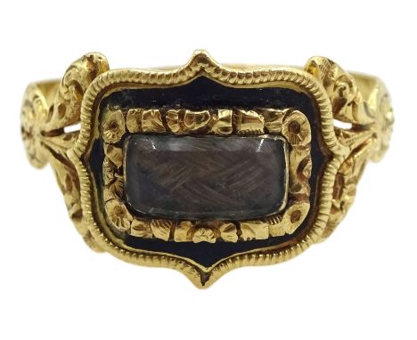 George IV 18ct gold enamel hairwork mourning ring, London 1823Condition Report:Approx 3.1gm, size P, enamel coming away in pl