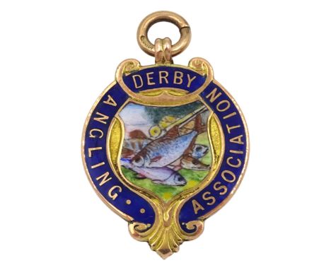 Gold enamel 'Derby Angling Association' medallion, inscribed verso and dated 1921, stamped 9ctCondition Report:Approx 12.65gm