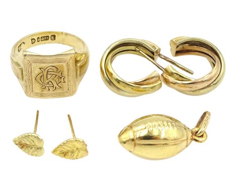 9ct gold jewellery including rugby ball charm, leaf stud earrings, pair of hoop earrings and a signet ring monogrammed 'RG', 