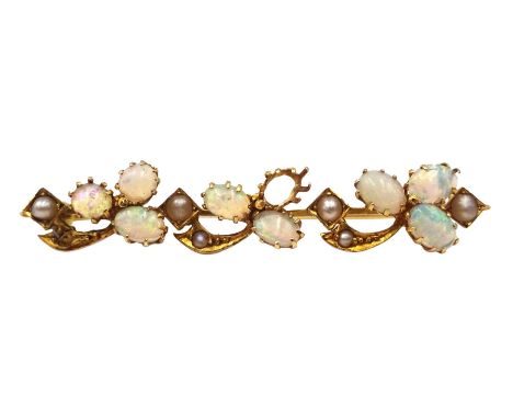 18ct gold opal and seed pearl bar brooch, stamped 18, boxedCondition Report:Approx 2.7gm, back pin also 18ct gold, length = 4